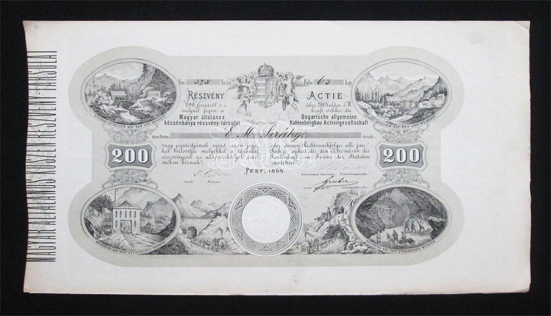 Magyar Általános Kőszénbánya részvény 200 forint 1869